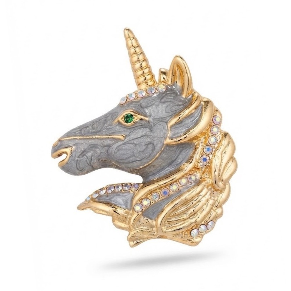 Gold Tone Enamel Unicorn Brooch Grey Mythical Fantasy Rhinestone Pin